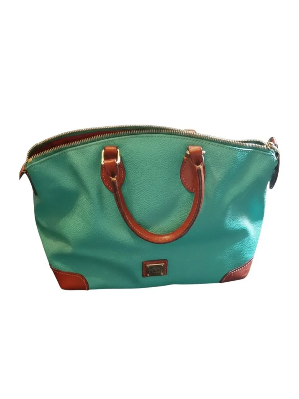 Dooney & Bourke Pebble Green Solid Satchel Top Handle Zip, Brown Trim Gold
